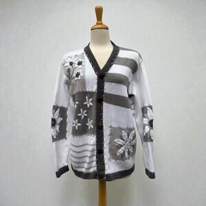 VTG Storybook Knits Cardigan Sweater Med White Ramie Floral Button Grandmacore